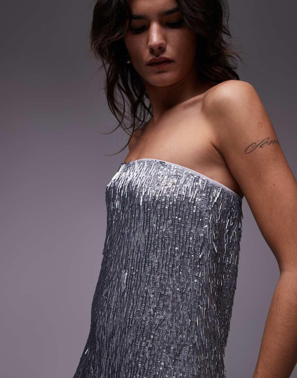 Topshop needle embellished bandeau maxi dress in silver Product Image