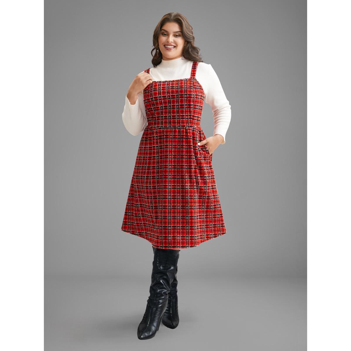 Plus Size Plaid Pinafore Elastic Waist Midi Dress Scarlet Women Elegant Texture Square Neck Sleeveless Curvy BloomChic 10/M Product Image