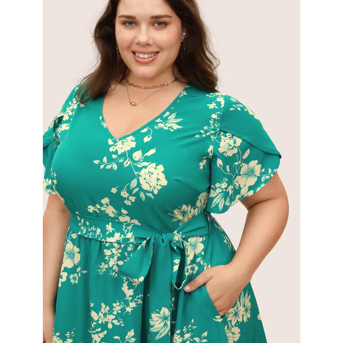 Plus Size V Neck Floral Petal Sleeve Belted Dress Teal Women Elegant Belted V-neck Short sleeve Curvy BloomChic 22-24/3X Product Image