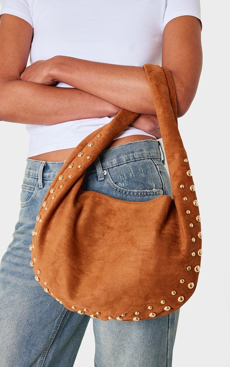 Tan Faux Suede Studded Shoulder Bag Product Image