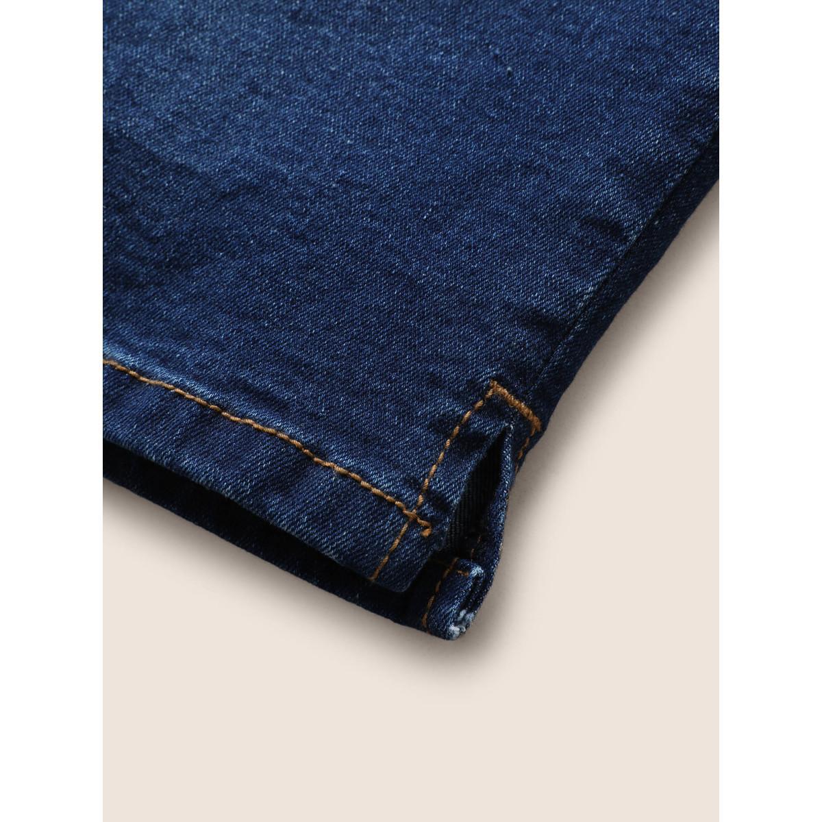 Plus Size Dark Wash Drawstring Slit Hem Denim Shorts Women Indigo Drawstring High stretch Everyday Slanted pocket Casual Denim Shorts BloomChic 16/1X Product Image
