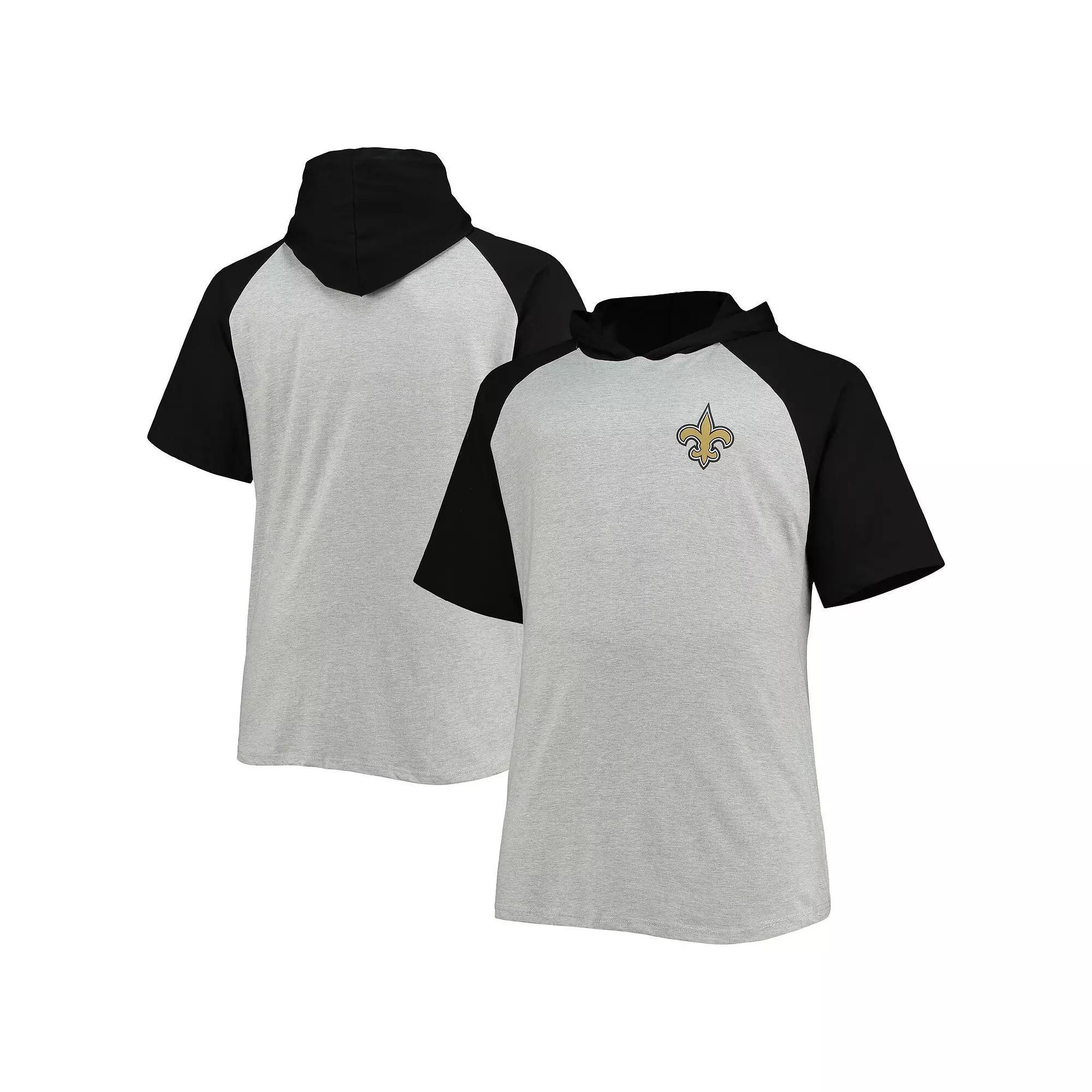 Men's Heathered Gray/Black New Orleans Saints Big & Tall Raglan Short Sleeve Pullover Hoodie, Size: 2XLT, Grey Product Image