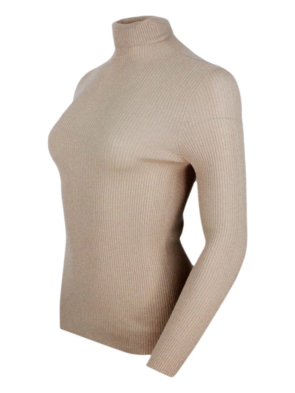 FABIANA FILIPPI Long-sleeved Turtleneck Sweater In Merino Lamè Embellished With Shiny Lurex That Gives Brightness In Beige Product Image