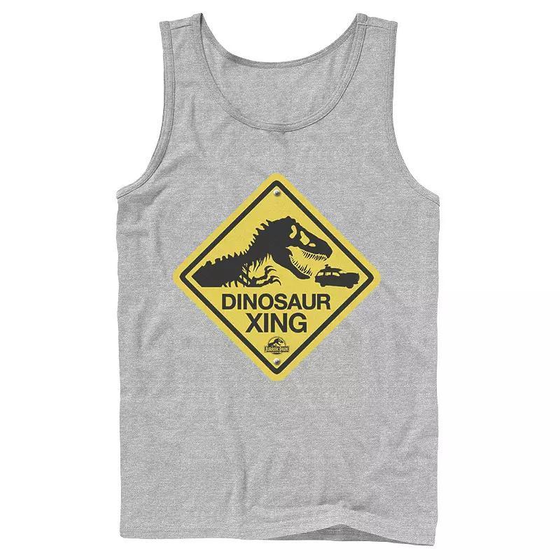 Men's Jurassic Park Dinosaur Crossing Yellow Sign Tank Top, Size: Small, Grey Product Image