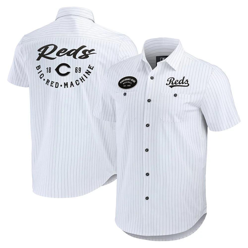 Men's Darius Rucker Collection by Fanatics White Cincinnati Reds Pin Stripe Short Sleeve Button-Up Shirt, Size: Medium, Red White Product Image
