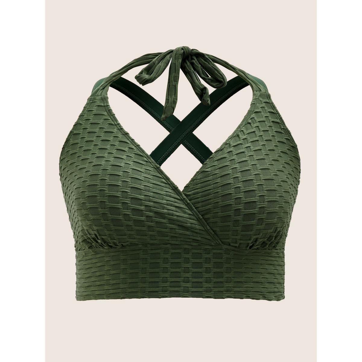 Plus Size Plain Textured Wrap Tie Knot Swim Top Women's Swimwear ArmyGreen Beach Tie knot High stretch Skinny Overlap Collar Curve Swim Tops BloomChic 28/5X Product Image