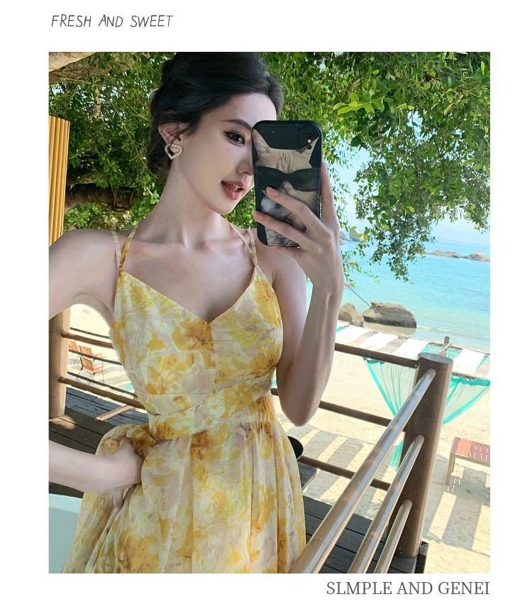 Spaghetti Strap V-Neck Cutout Floral Print Maxi A-Line Dress Product Image