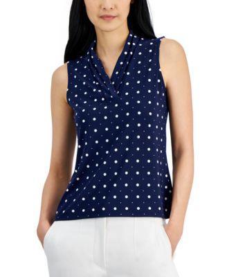 Anne Klein Womens Pleated-Neck Printed Sleeveless Top Product Image