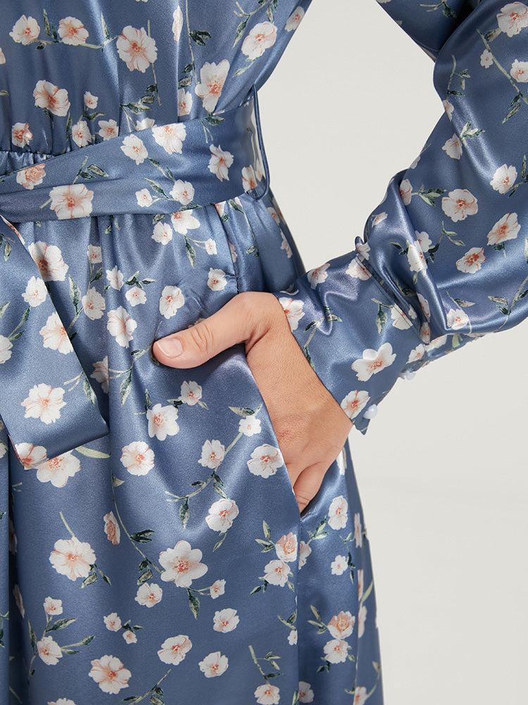 Floral Keyhole Back Pocket Belted Satin Midi Dress Female Product Image