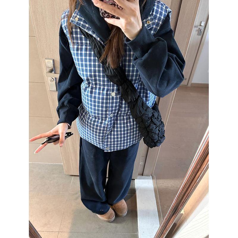 Stand Collar Plaid Button Puffer Vest Product Image