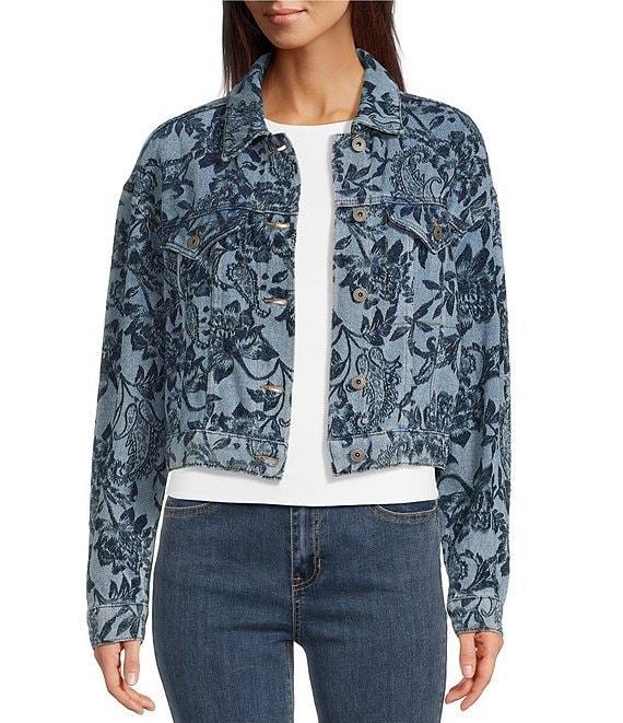 Charlie B. Denim Floral Jacquard Point Collar Long Sleeve Jacket Product Image
