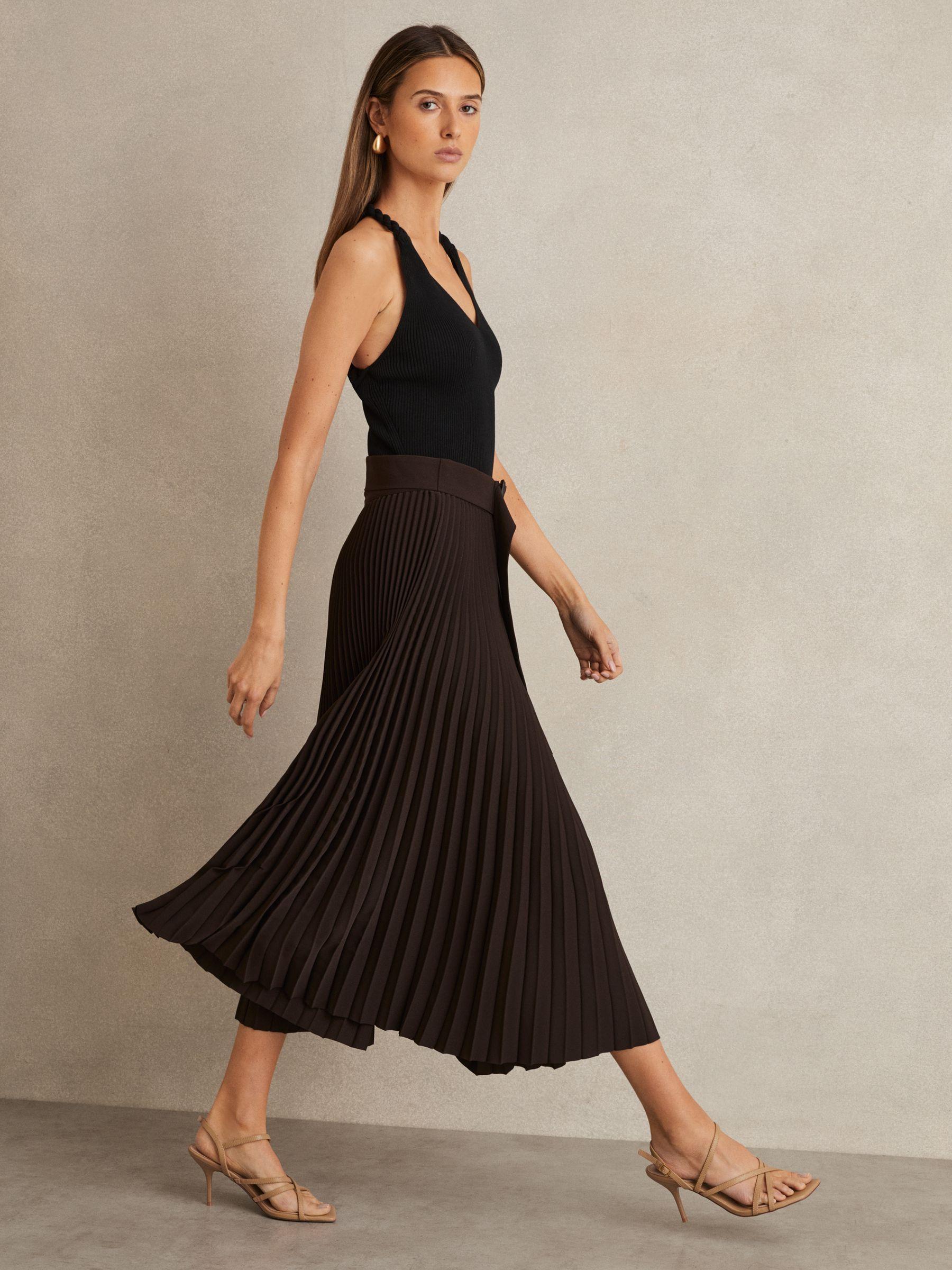 Pleated Belted Midi Skirt in Chocolate Brown Product Image