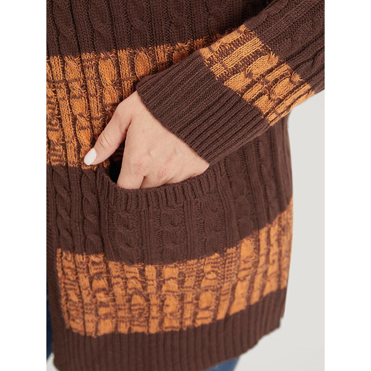 Plus Size Halloween Colorblock Cable Knit Patched Pocket Cardigan Chocolate Women Casual Loose Long Sleeve Festival-Halloween Cardigans BloomChic 30/6X Product Image