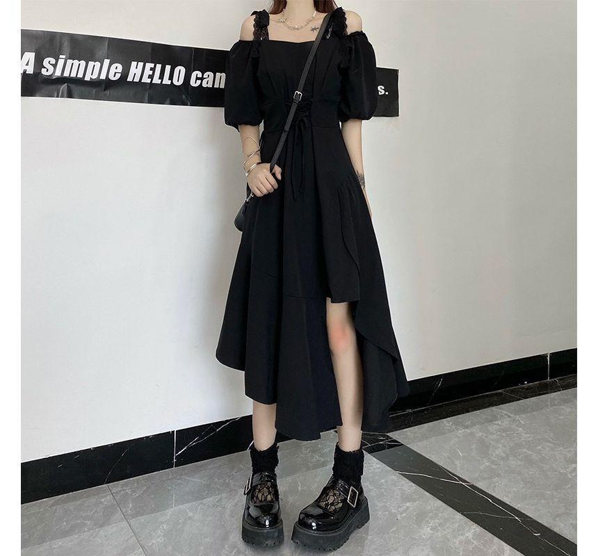 Short-Sleeve Cold-Shoulder Plain Asymmetrical Slit Midi A-Line Dress Product Image