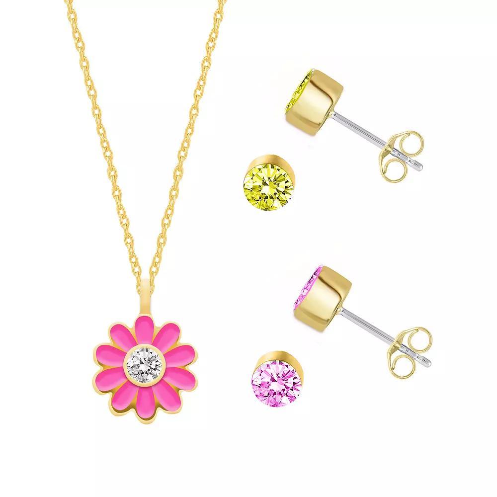 Royal Aura Gold Tone Enamel & Crystal Flower Power Pendant Necklace & Two Pair Stud Earrings Set, Women's, Size: 17", Gold Tone Team Product Image