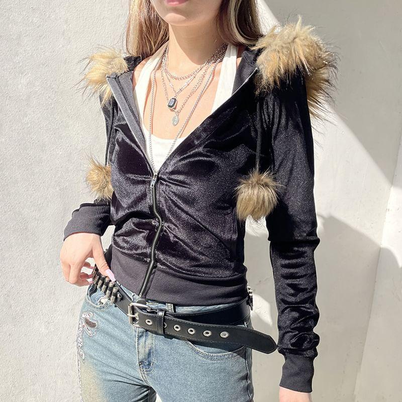 Hooded Faux Fur Trim Zip Up Crop Jacket Product Image