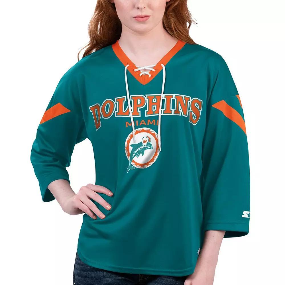 Women's Starter Aqua Miami Dolphins Rally Lace-Up 3/4 Sleeve T-Shirt, Size: 2XL, Turquoise A Product Image