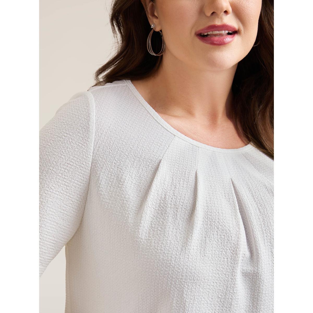 Plus Size Stretchy Textured Pleated Round Neck T-Shirt Ivory Women Casual Texture Round Neck Everyday T-shirts BloomChic 10/M Product Image