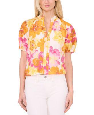 CeCe Printed Ruffle Neck Raglan Seam Split Neck Blouse (Radiant ) Women's Clothing Product Image