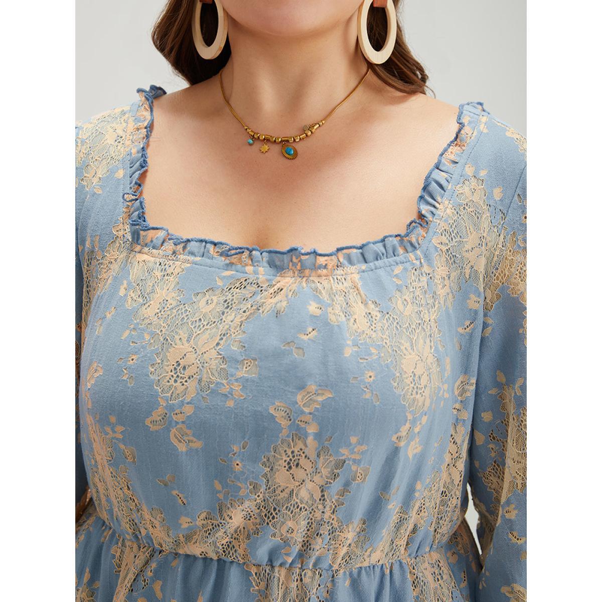 Plus Size Contrast Lace Panel Frill Trim Lantern Sleeve Dress Aegean Women Vacation Elastic cuffs Square Neck Long Sleeve Curvy Midi Dress BloomChic 28/5X Product Image