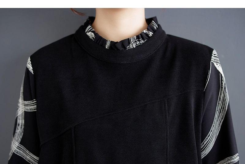 Long-Sleeve Stand Collar Mock Two-Piece Print Frill Trim Midi Tunic Dress Product Image