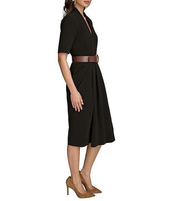 Donna Karan Cady Crepe V-Neck Short Sleeve Belted Sheath Midi Dress Product Image