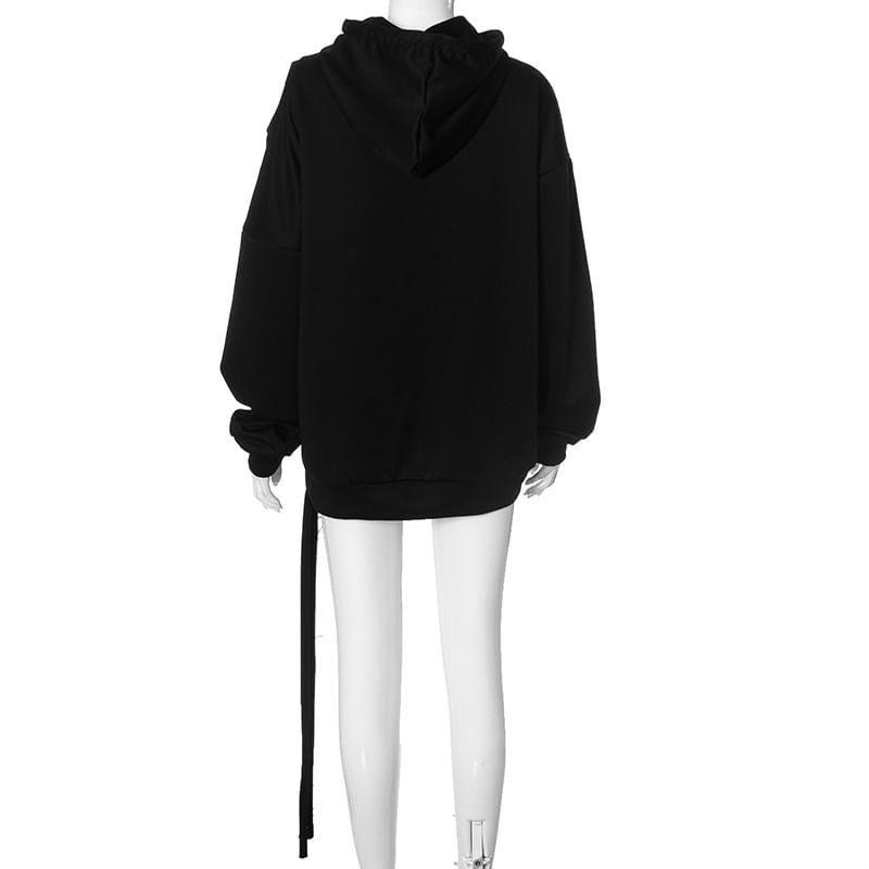 Asymmetrical Neck Cold Shoulder Skull Print Oversized Hoodie Product Image