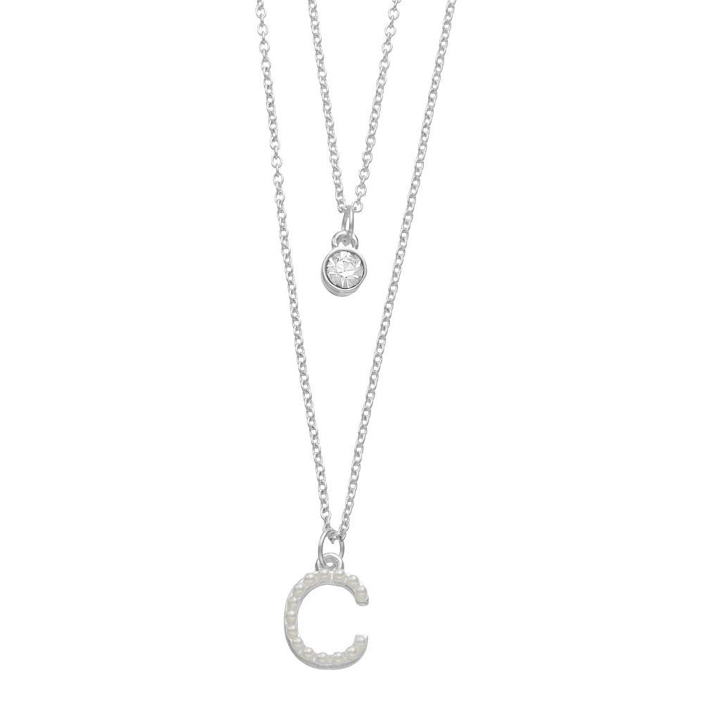 City Luxe Fine Silver Plated Cubic Zirconia & Simulated Pearl Initial Duo Necklace Set, Women's, Silver Tone J Product Image
