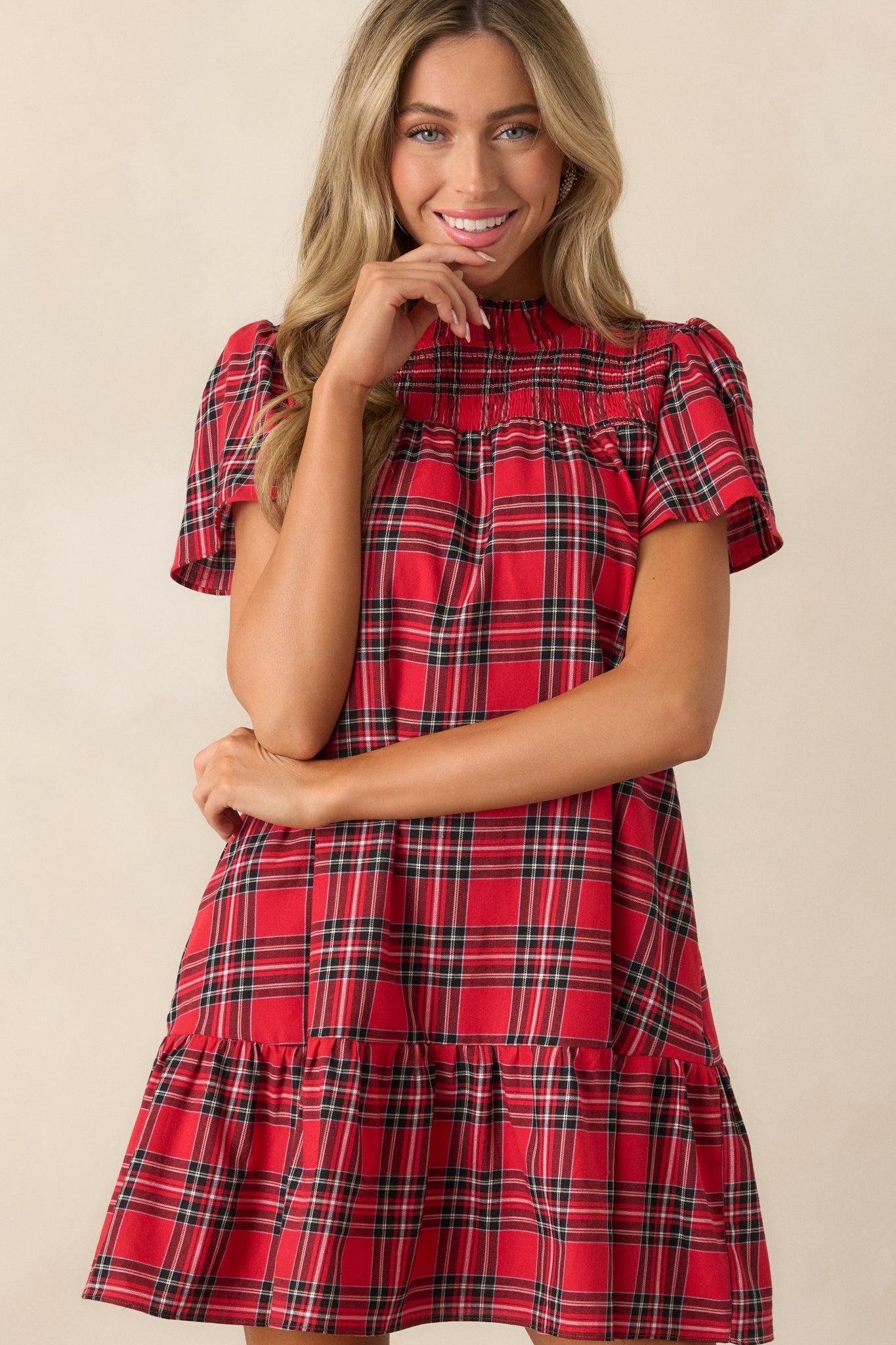 Candlelight Chats Cotton Red Plaid Mock Neck Mini Dress Product Image