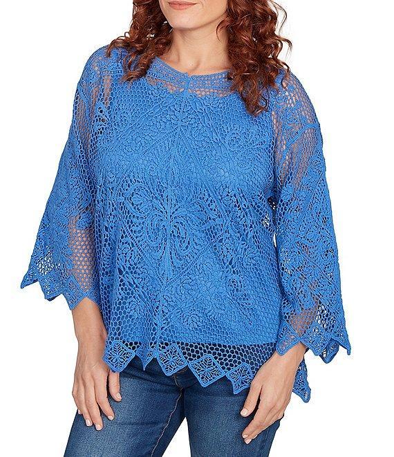 Ruby Rd. Petite Size Crochet Medallion Floral Pattern Scoop Neck 3/4 Wide Flared Sleeve Top Product Image