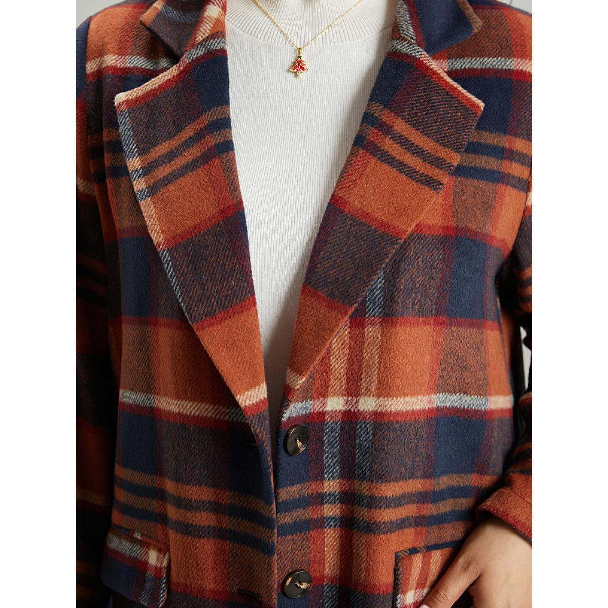Plus Size Lapel Collar Plaid Pocket Button Up Coat Women OrangeRed Casual Contrast Ladies Dailywear Winter Coats BloomChic 28/5X Product Image