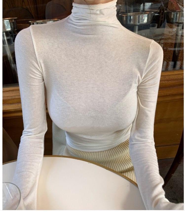 Long-Sleeve Turtleneck Plain T-Shirt Product Image