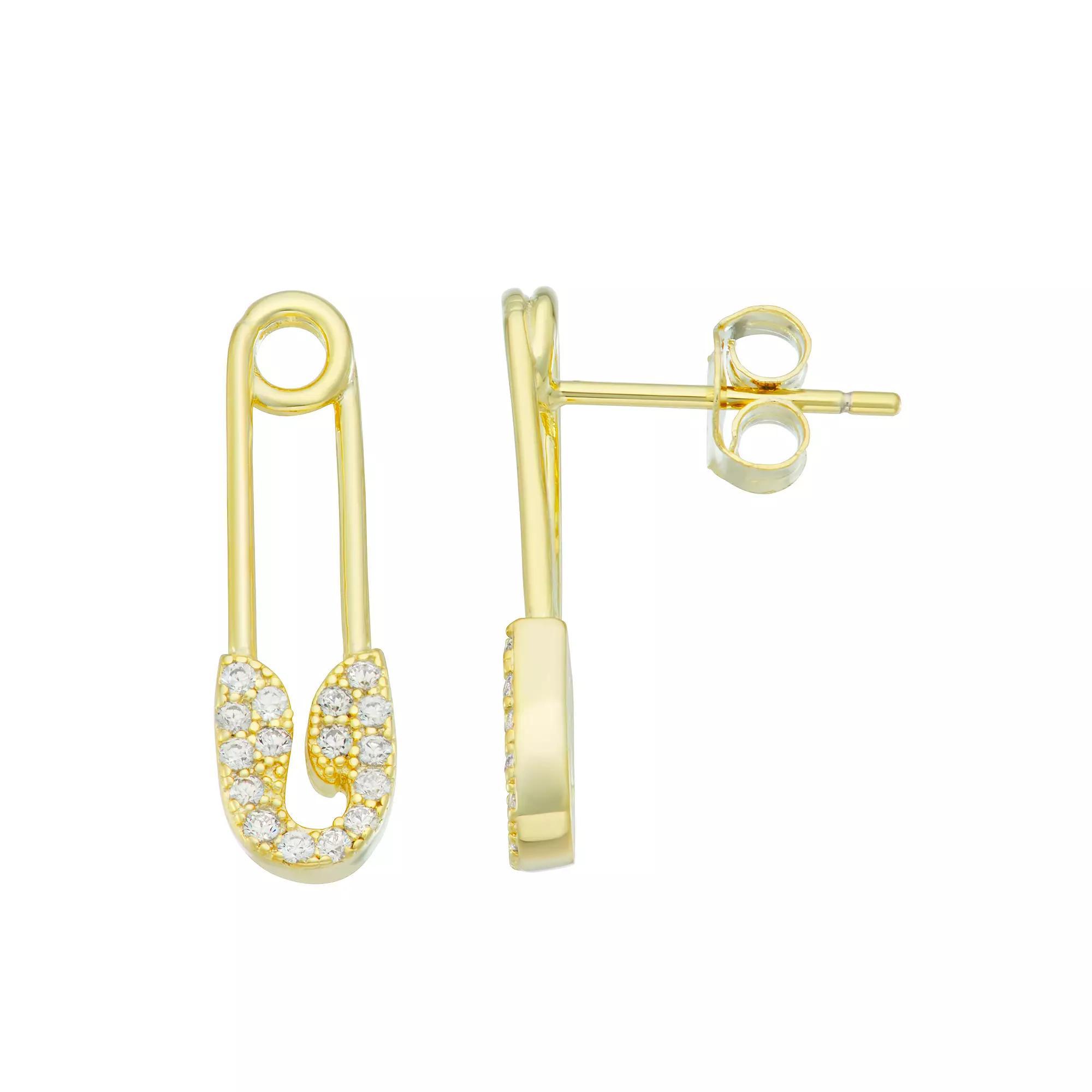 Contessa Di Capri 18k Gold Over Silver Cubic Zirconia Safety Pin Earrings, Womens, Gold Tone Clear Product Image