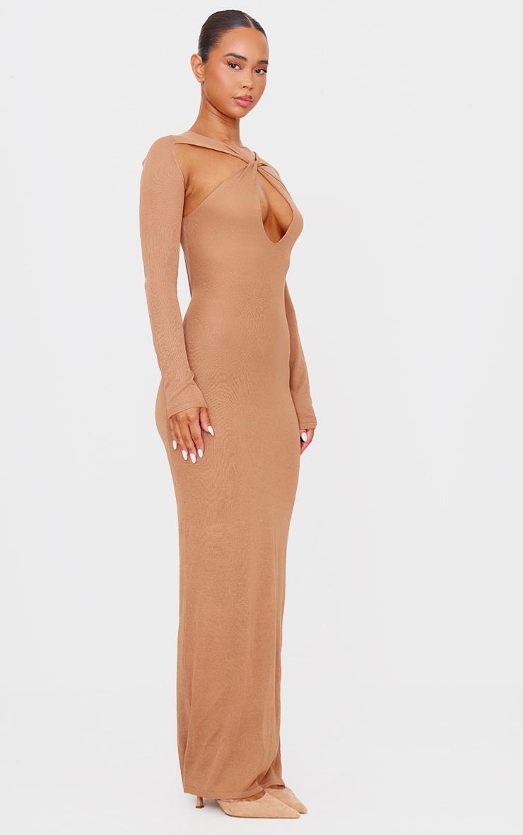 PLT Label Tan Knitted Twist Detail Sheer Maxi Dress Product Image