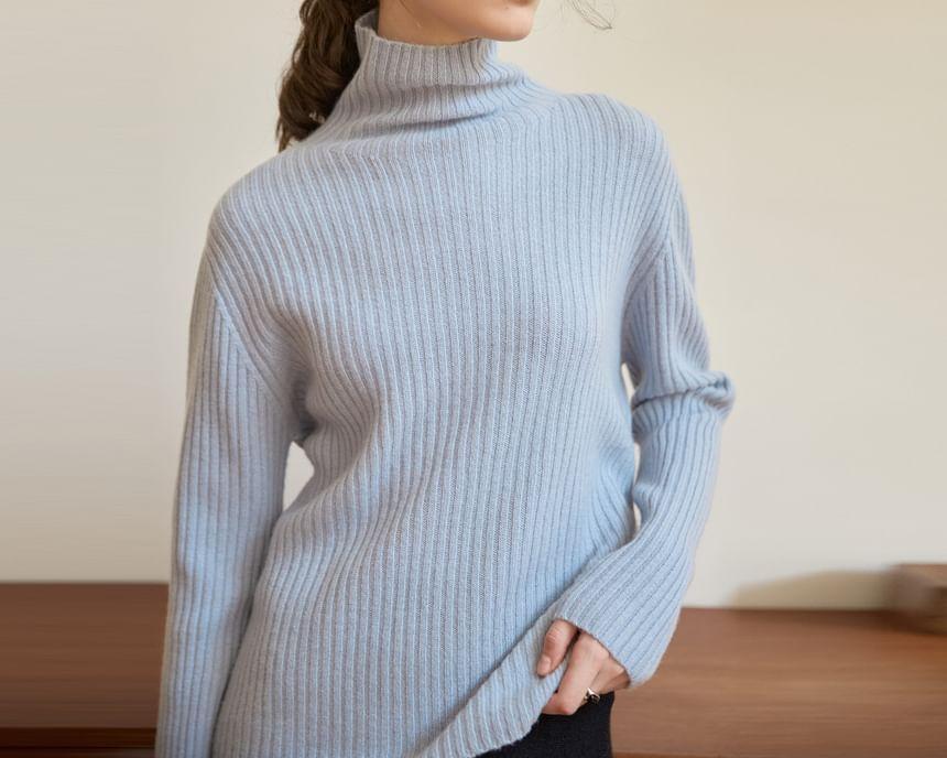 Long-Sleeve Turtleneck Plain Ribbed Knit Top Product Image