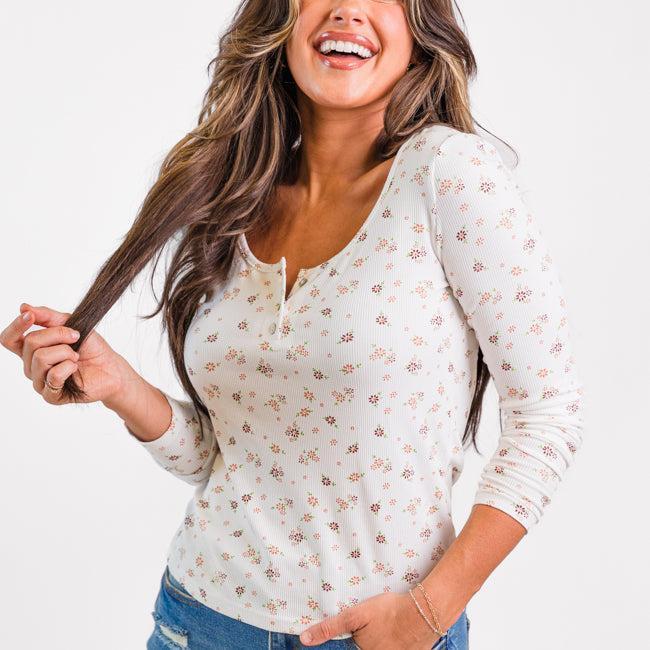 Best In Bloom Ivory Ribbed Floral Henley Top FINAL SALE Product Image