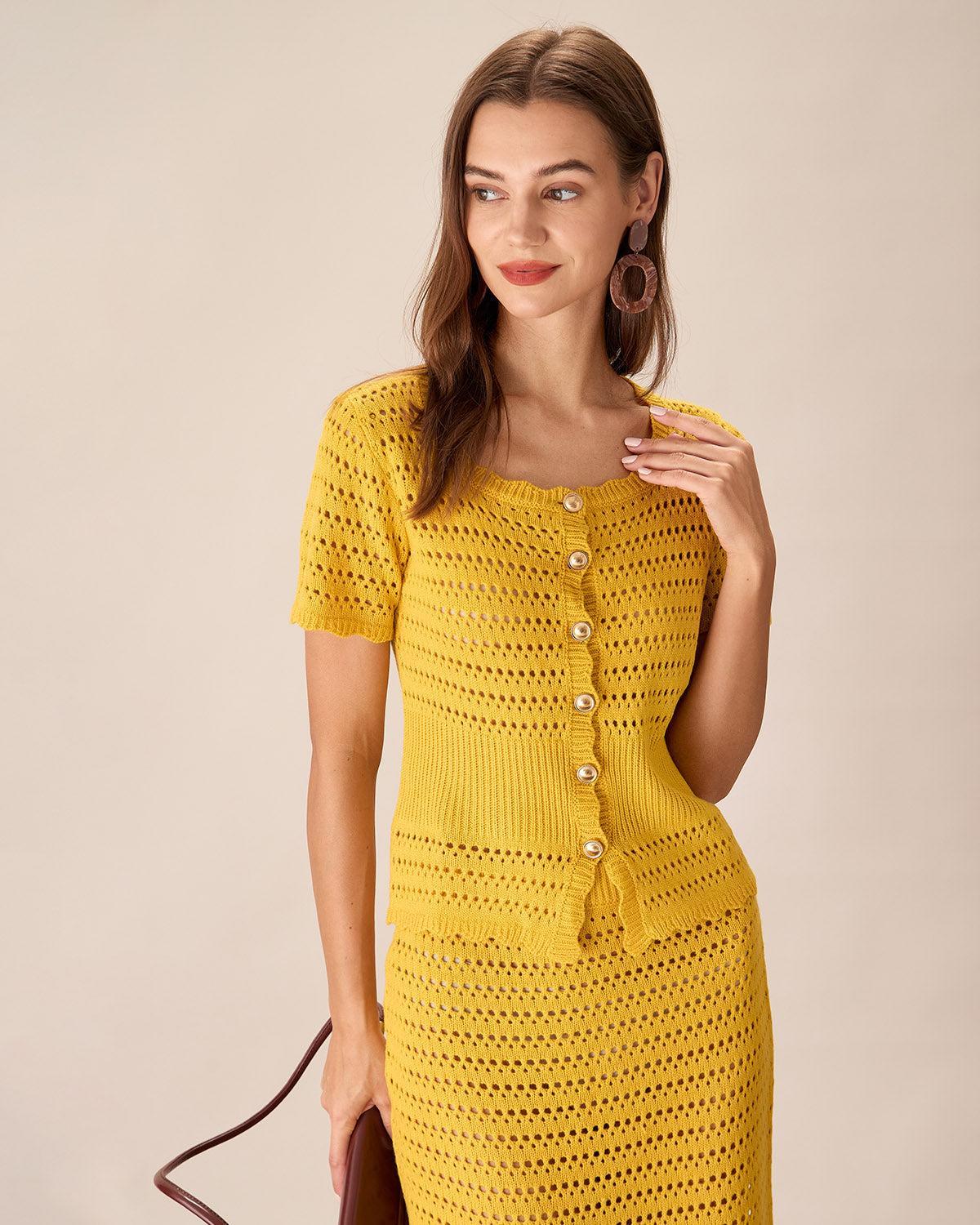 Yellow Crochet Single-Breasted Cardigan Product Image