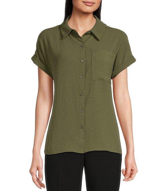 Calvin Klein Puckered Woven Short Cuffed Sleeve Button Front Point Collar Top Product Image