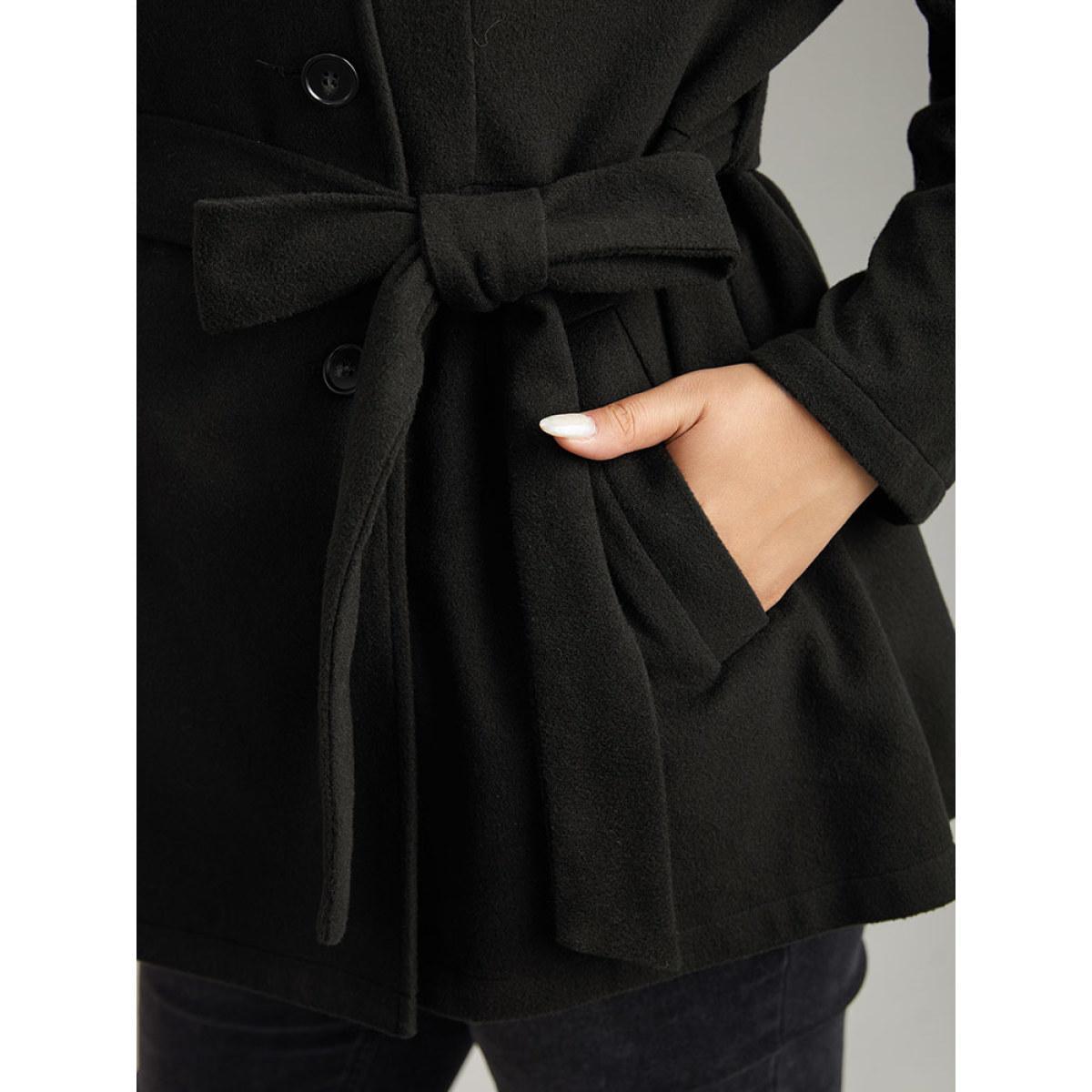 Plus Size Plain Belted Double Breasted Pocket Coat Women Black Casual Plain Ladies Dailywear Winter Coats BloomChic 18-20/2X Product Image