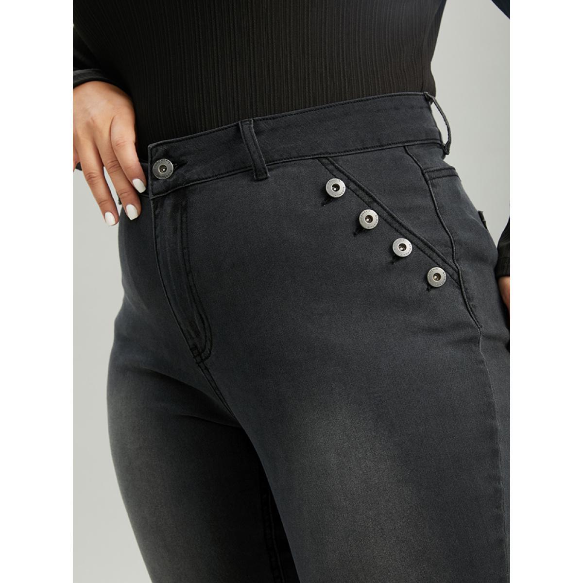 Plus Size Black Wash Button Detail Skinny Jeans Women DimGray Casual Plain Plain High stretch Pocket Jeans BloomChic 28/5X Product Image