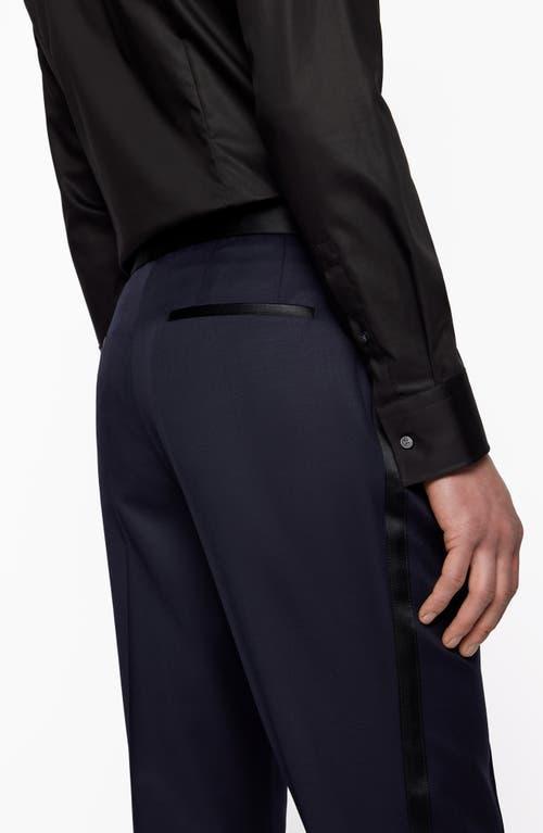 HUGO BOSS Boss Genius Pleated Wool Tuxedo Pants In Dark Blue Product Image