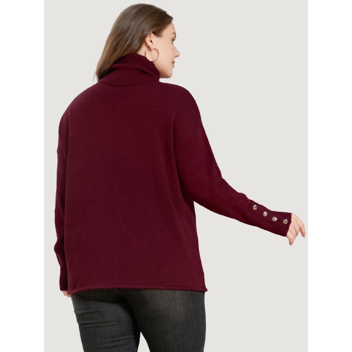 Plus Size Solid Pointelle Knit Button Detail Funnel Neck Knit Top Scarlet Women Casual Loose Long Sleeve Turtleneck Dailywear Pullovers BloomChic 22-24/3X Product Image
