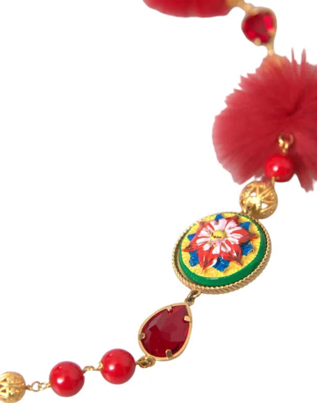 DOLCE & GABBANA Gold Brass Red Fur Crystal Carretto Chain Necklace Product Image