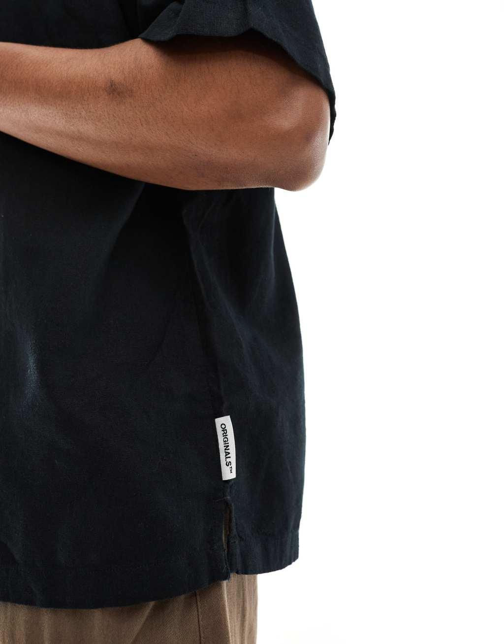Jack & Jones super oversized button down linen mix shirt in black  Product Image