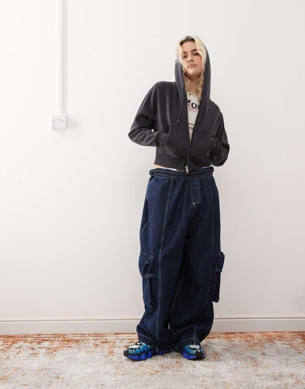 Monki cropped oversized zip up hoodie in washed black Product Image
