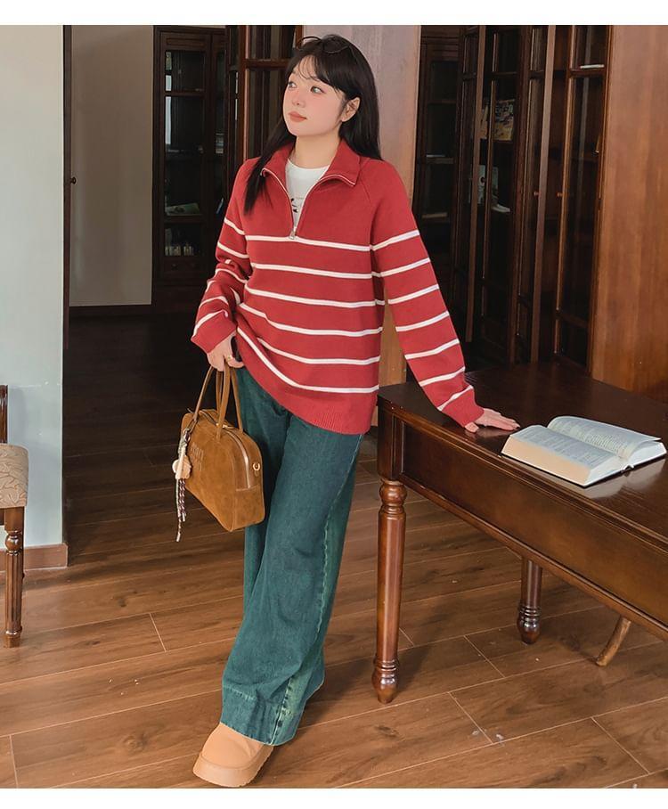 Long-Sleeve Striped Half-Zip Sweater Product Image
