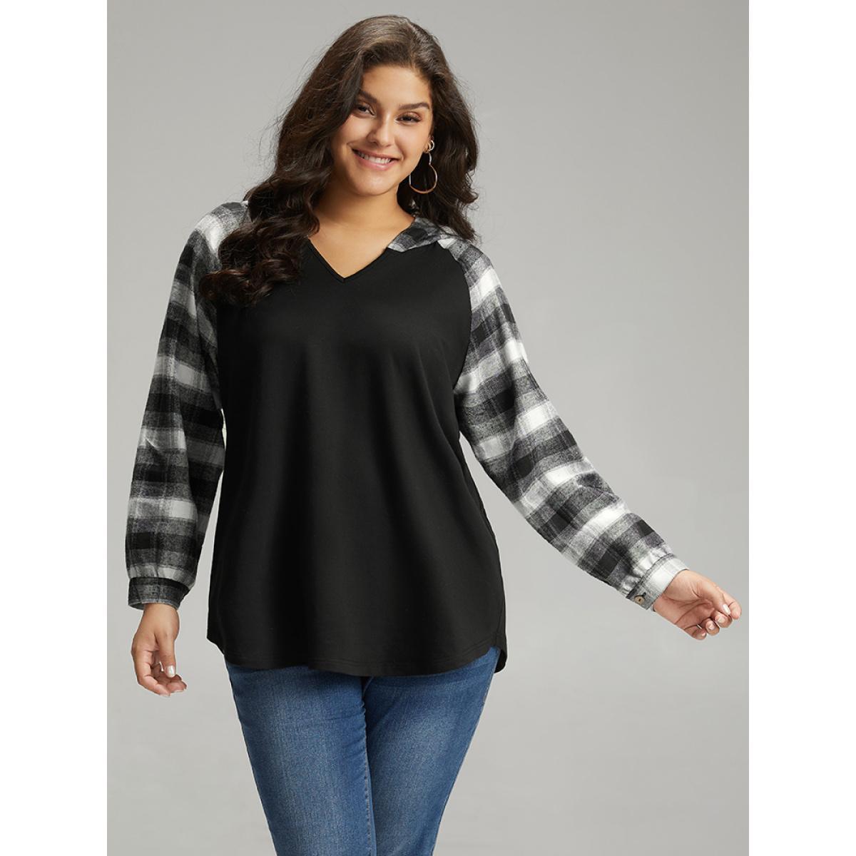 Plus Size Plaid Print Hooded Patchwork Sweatshirt Women Black Casual Patchwork Hooded Everyday Sweatshirts BloomChic 22-24/3X Product Image