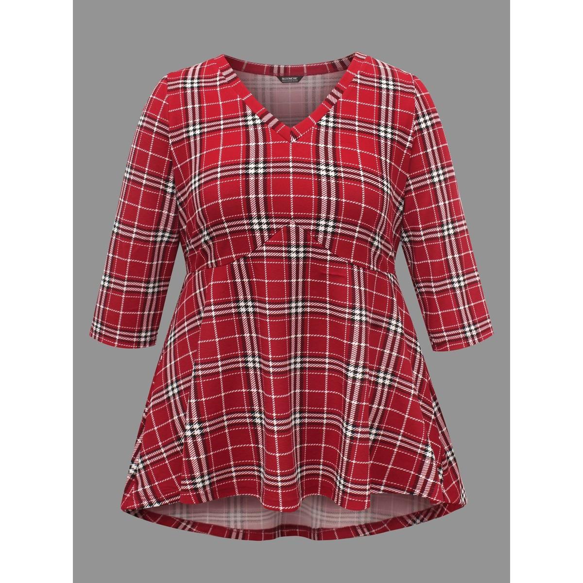 Plus Size Plaid Quarter-Sleeve Elastic Waist Tee Brightred Women Elegant Non V-neck Bodycon Everyday T-shirts BloomChic 18-20/2X Product Image