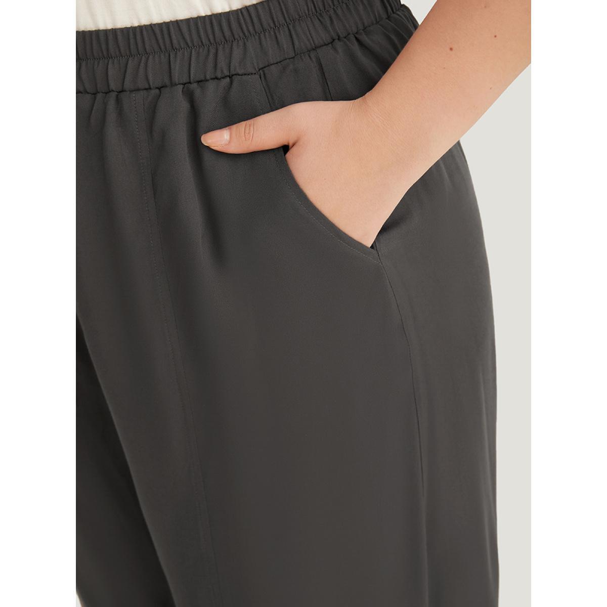 Plus Size Plain Elastic Waist Ties Pocket Pants Women DarkBrown Casual Straight Leg High Rise Dailywear Pants BloomChic 14-16/1X Product Image