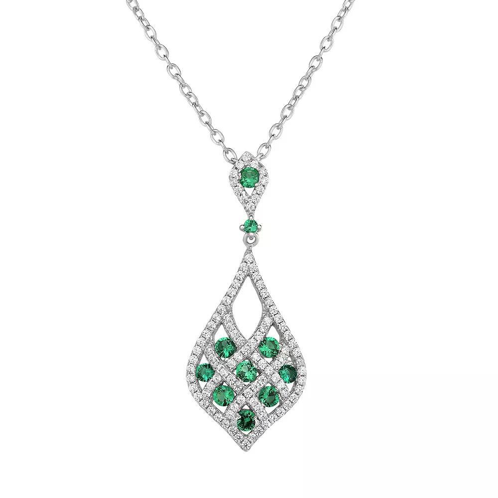 Lab-Created Green Spinel & Cubic Zirconia Sterling Silver Openwork Teardrop Pendant Necklace, Women's, Size: 18" Product Image